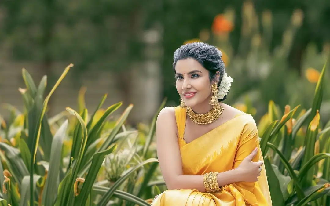 Actress Priya Anand Images in Yellow Color Saree Sleeveless Blouse